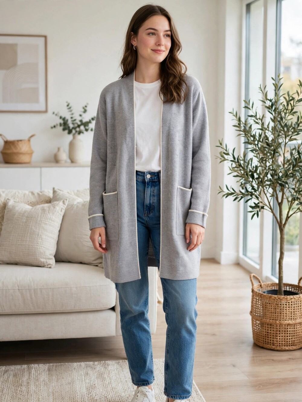Zara Knit Grey Open-Front Cardigan with Cream Trim | Size M